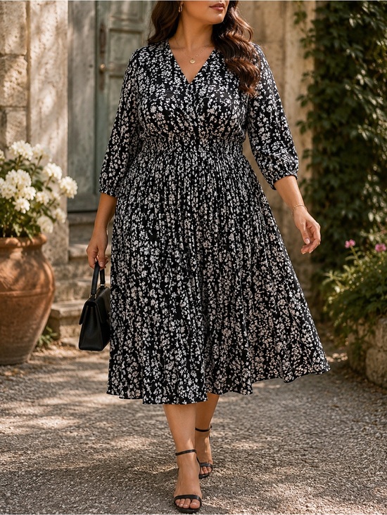 Lane Bryant Dresses & Skirts - Lane Bryant Floral Pleated Midi Dress Black White Long Sleeve Plus Women’s 20